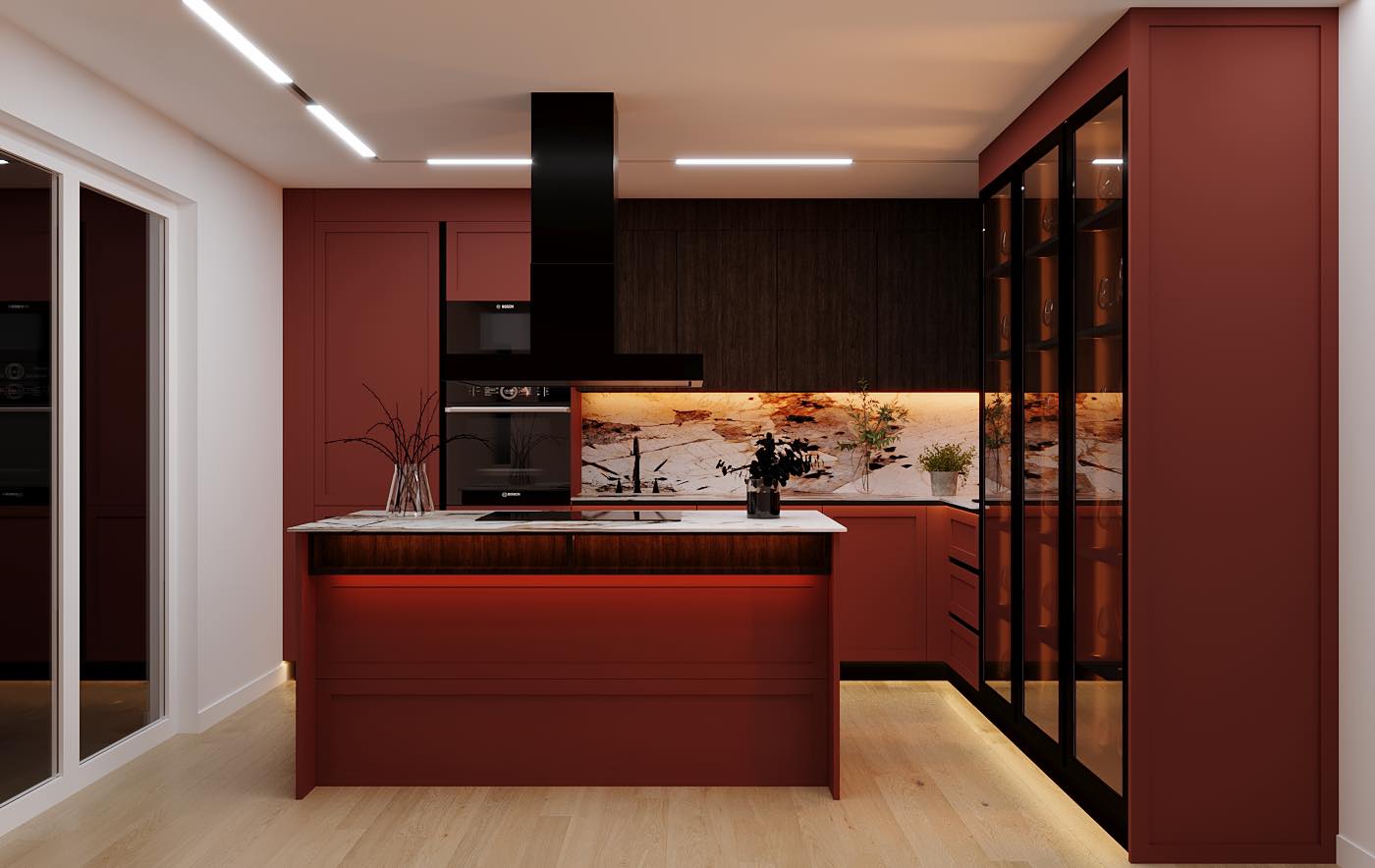 Cuisine terracotta avec îlot central rétro-éclairé et crédence marbrée